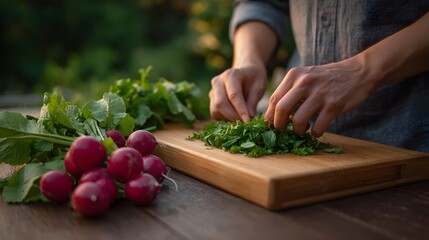 Hands preparing fresh herbs and radishes for cooking outdoors at dusk