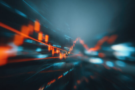 Blurred holographic display of financial growth and decline, digital stock market chart, abstract technology background, glowing orange and blue lines, futuristic, dynamic movement