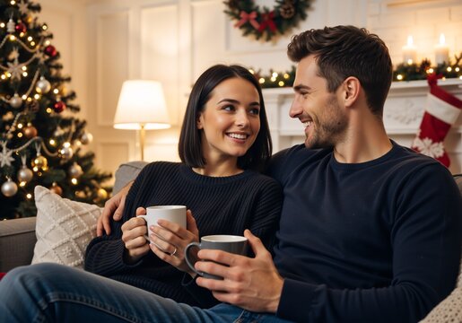 Happy young couple celebrating Christmas at home. Romantic man and woman sitting on sofa holding mugs. Winter holiday season concept