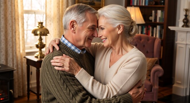 Happy senior couple hugging and touching foreheads in a cozy living room. Romantic elderly man and woman wearing winter sweaters. Love and retirement concept