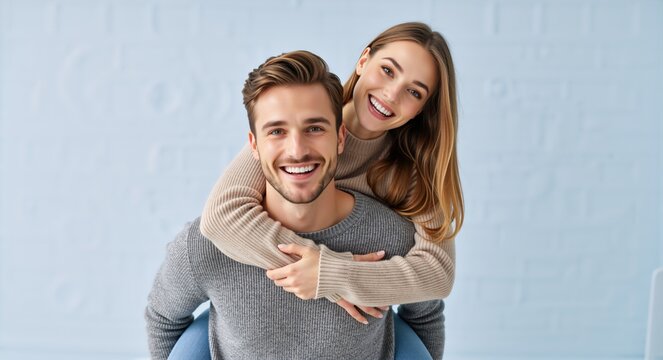 Portrait of a happy young couple in winter sweaters smiling at camera. Man giving woman a piggyback ride against blue background. Christmas and holiday concept - Powered by Adobe