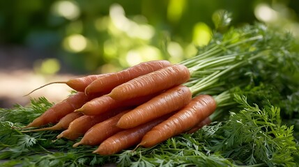 Freshly harvested organic carrots displayed in a vibrant bunch with green leafy tops glistening under natural sunlight in a garden setting
