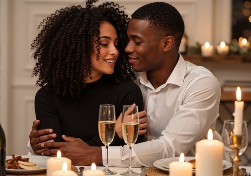 Romantic African American couple having a candlelight dinner with champagne. Happy man and woman hugging on a date night. Valentine's Day or Christmas celebration concept