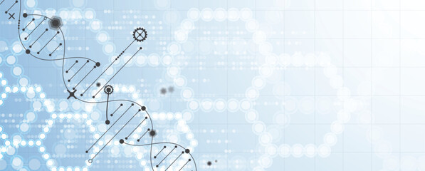 Abstract hexagons, DNA strands, connected neural web, science and technology background