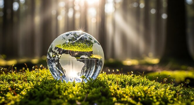 Glass earth globe resting on bright green moss and dew in a sunlit forest, representing environmental sustainability and global nature conservation efforts - Powered by Adobe