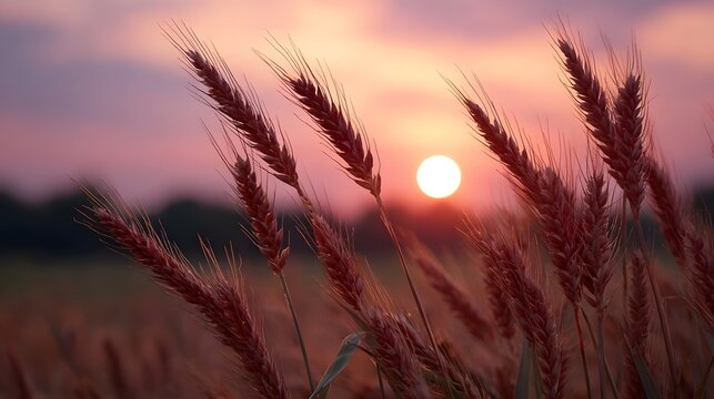Close up of golden wheat stalks in a tranquil field during a vibrant sunset with the sun low on the horizon painting the sky in hues of