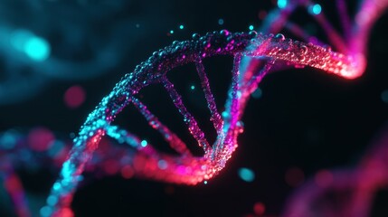Colorful representation of DNA helix structure illuminated by vibrant lights, showcasing molecular beauty and scientific innovation in biotechnology and genetics