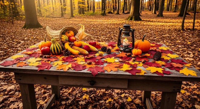 Festive autumn harvest still life featuring a woven cornucopia overflowing with gourds, corn, and fruit, surrounded by colorful maple leaves and a glowing lantern on a rustic table in a sunlit forest