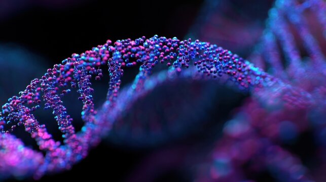Abstract representation of colorful DNA strands in a dark background showcasing intricate patterns and scientific beauty in biology and genetics
