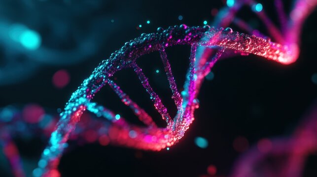 Colorful representation of DNA helix structure illuminated by vibrant lights, showcasing molecular beauty and scientific innovation in biotechnology and genetics