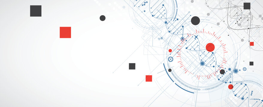 Abstract hexagons, DNA strands, connected neural web, science and technology background