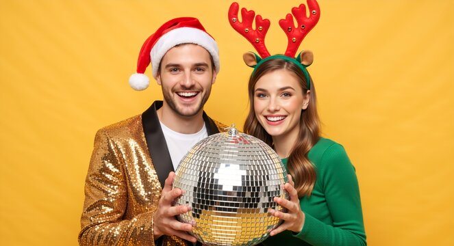 Festive young couple celebrating Christmas and New Year's party. Happy man in a Santa hat and woman with reindeer antlers holding a disco ball on a yellow background