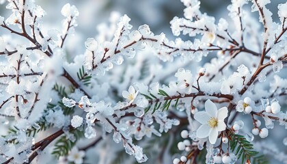 Delicate winter floral frame; intricate ice crystals adorn frosted branches intertwined with snow-covered evergreen sprigs and delicate white blossoms, simple, vintage