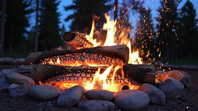 Campfire ablaze, nestled within a ring of rocks at dusk, surrounded by tall trees