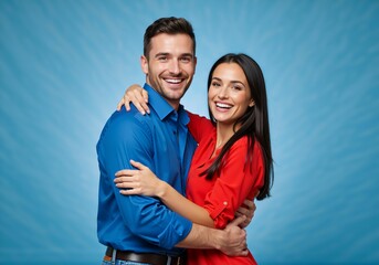 Obraz premium Happy young couple smiling and embracing in a loving hug. Portrait of a man and woman in a relationship on a blue background