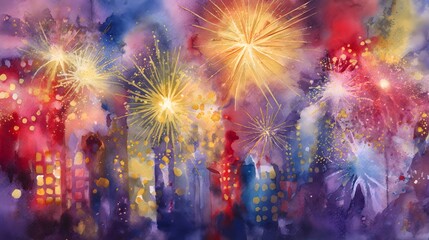 New Years Eve fireworks illuminate a vibrant city skyline watercolor illustration artwork