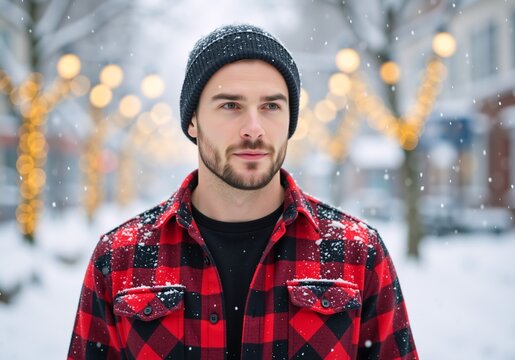Handsome young man in a red plaid shirt and beanie outdoors in the snow. Portrait of a bearded guy during a winter snowfall with festive holiday lights in the background