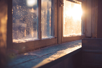 Snowy cabin window view with frost and gentle sunlight, warm cozy interior, winter morning atmosphere, peaceful and serene, rustic wooden frame, soft natural light