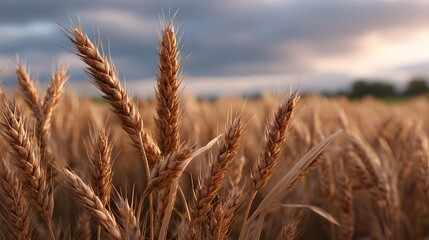 Fototapeta premium Golden wheat field at sunset with dramatic clouds in the sky symbolizing abundance and harvest