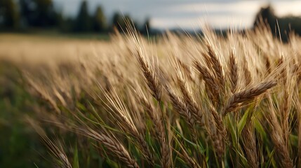 Golden wheat or barley stalks sway gently in the warm sunlight of dawn or dusk in a vast agricultural field