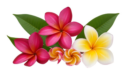 Pink and Yellow Plumeria Flowers with Green Leaves