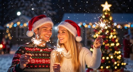 Happy young couple holding sparklers outdoors on a snowy Christmas night. Romantic man and woman wearing Santa hats and sweaters celebrating New Year's Eve with festive lights background