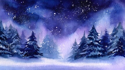 Magical winter forest watercolor painting tranquil night sky serene snowy landscape art