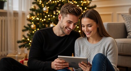 Smiling couple looking at a tablet in front of a Christmas tree. Happy man and woman shopping online for holiday presents. Festive winter celebration at home