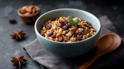 Fototapeta premium A rustic bowl filled with crunchy granola nuts dried fruit and mint perfect for a healthy breakfast