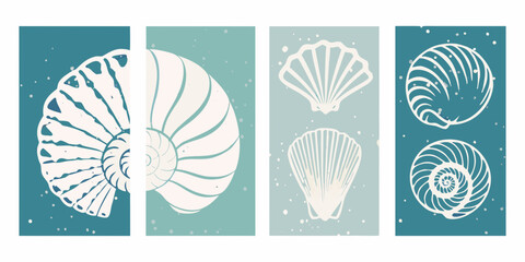 Set of four abstract minimalist nautical art prints featuring nautilus shells and scallops in teal and muted green tones
