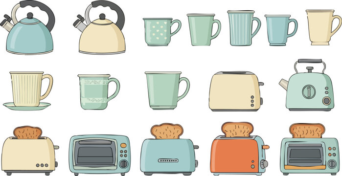 Colorful Kitchen Clipart Toasters, Kettles, and Mugs Illustration