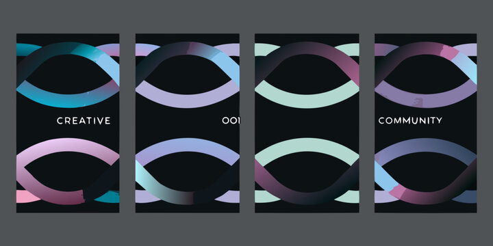 Four abstract vertical banners with colorful gradient loops and text on black background