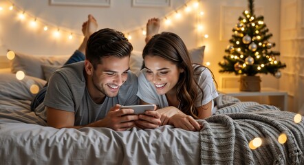 Happy couple using smartphone in bed during Christmas. Young man and woman looking at phone screen in cozy bedroom with tree and lights