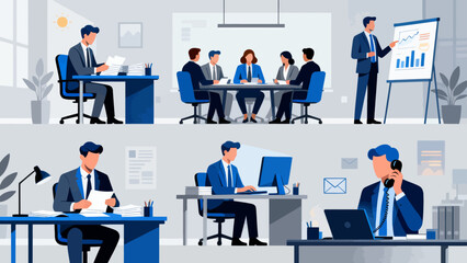 This illustration showcases various business scenarios, including meetings, collaborations, and presentations, depicting the different aspects of corporate work and teamwork.