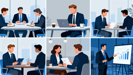 This illustration showcases various business scenarios, including meetings, collaborations, and presentations, depicting the different aspects of corporate work and teamwork.