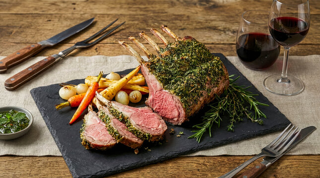 Gourmet dinner concept. Perfectly cooked medium-rare rack of lamb with a green herb and breadcrumb crust. Served sliced on a black slate board with glazed baby carrots, pearl onions