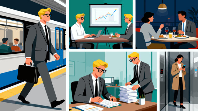 This illustration showcases various business scenarios, including meetings, collaborations, and presentations, depicting the different aspects of corporate work and teamwork.