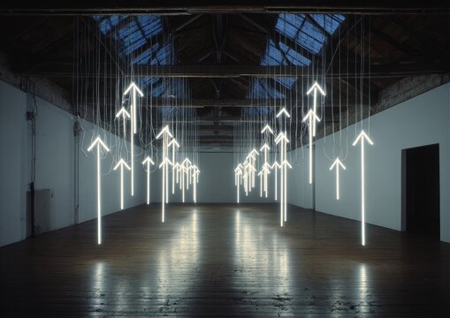 Large room installation with numerous upward-pointing neon arrow sculptures suspended from the ceiling