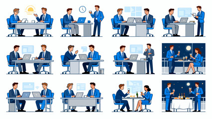 This illustration showcases various business scenarios, including meetings, collaborations, and presentations, depicting the different aspects of corporate work and teamwork.