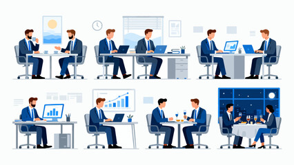 This illustration showcases various business scenarios, including meetings, collaborations, and presentations, depicting the different aspects of corporate work and teamwork.