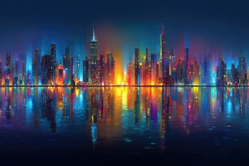 Vivid cityscape ablaze with colorful lights reflected on the tranquil water surface below