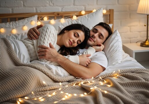 Young couple sleeping and cuddling in bed with cozy fairy lights. Romantic man and woman embracing under a knitted blanket in a winter bedroom - Powered by Adobe
