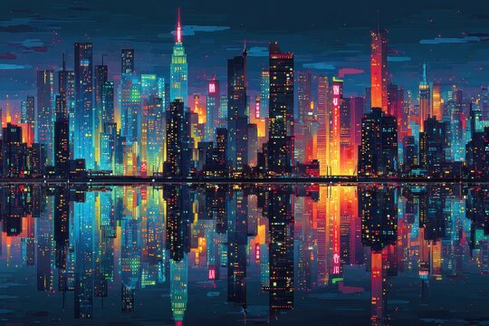 Nighttime cityscape ablaze with vibrant, glowing lights reflecting perfectly on still, dark water