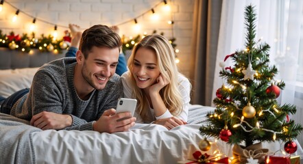 Happy couple looking at smartphone in bed during Christmas holidays. Young man and woman watching video or shopping online in cozy bedroom with tree