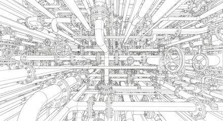 Obraz premium Industrial piping system illustration—complex network with valves, joints, and perspective depth
