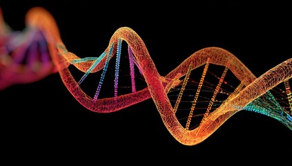 A close-up of a glowing, double-helix structure against a black background, vibrant color