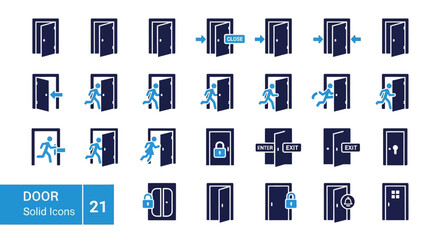 Comprehensive vector icon collection illustrating diverse door states, access, exit, and security actions for modern digital interfaces, apps, and architectural design
