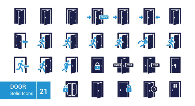 Comprehensive vector icon collection illustrating diverse door states, access, exit, and security actions for modern digital interfaces, apps, and architectural design