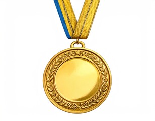 Golden medal pendant with blue, gold ribbon, closeup