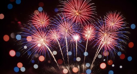 Massive, colorful fireworks display with multiple bursts of red and blue light and surrounding festive bokeh lights against a dark night sky for a national celebration or holiday event